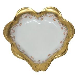 LS&S Straus France Limoges Heart Shaped Gold Gilt Rim Scalloped Pink Floral Bowl